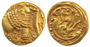 Western Gangas, Gold Gajapati Pagoda, 3.86g, obv. caparisoned elephant to right chewing su
