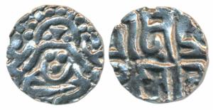 Kalachuris of Tripuri, Gangeya Deva, Base Gold 4½ Masha, 3.86g, obv. seated goddess Lakshm