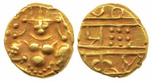 Nayakas of Chitradurga, Gold Durgi Pagoda or Hon, 3.29g, obv. Krishna as Bal Gopala, rev. 