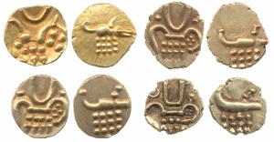 Veera Raya, Coorg, Gold Fanam (4), obv. stylized lion standing right with crescent above; 