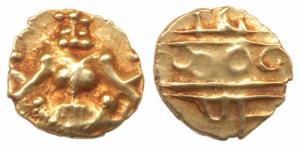 Krishna Raja Wodeyar, Gold Fanam, 0.4g, obv. Seated Narasimha, rev. Kanarese legend Kauthi