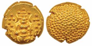 Negapatnam, Gold Pagoda, 3.40g, Lazy J with Lord Vishnu standing, facing front on obv., gr