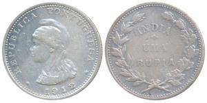 Silver Uma Rupia / Rupee, obv. liberty head to left, 1912 AD, the digit 2 in the date re-e