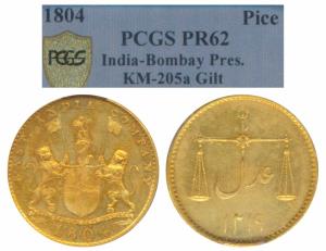 Gold Gilt Copper Pice, 1804, obv. coat of arms of the EIC with date below, rev. scales wit