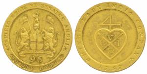 Gold Gilt Proof ½ Dub or 1/96 Rupee, 1797, obv. coat of arms of the EIC, rev. bale mark, E