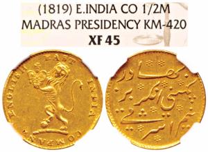 Gold ½ Mohur, a lion carrying a Crown in its hand to left, no date, 1819 issue (KM 420, Pr
