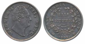 William IV, Silver ½ Rupee, 1835, F raised, 19 Berries. Nice dark toning with luster, Extr