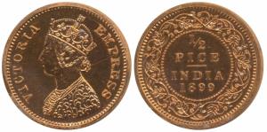 Victoria Empress, Proof Restrike Copper ½ Pice, 1899. Proof, Superb Mint State, Rare.
