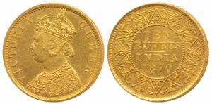 Victoria Queen, Gold Proof Original Strike Rupees 10, 1870 Calcutta Mint, mature bust, cur