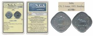Anna Series, Cupro –Nickel 2 Annas, 1955, Bombay Mint (KM 4.2). Extremely Fine, Rare.