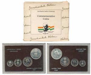 1989 Uncirculated Set, Jawaharlal Nehru Centenary, set of 4, Rupee 1 to 100. Within origin