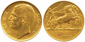 Albania, Ahmed Bey Zogu, Gold 100 Franga Ari, 32.3g, 1927, a chariot on rev. (KM 11A.1). U