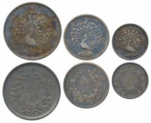 Burma, Silver Rupee, ½ and 1/4, dancing peacock on obv. Very Fine+, Scarce. (3)