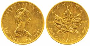 Canada, Gold $50, 1oz, 31.1g, Maple leaf on rev., 1987. Uncirculated.