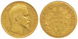 France, Napoleon III, Gold 20 Francs, 6.4 g, 1859A (KM 781.1). Very Fine+.
