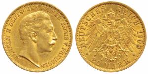 Germany, Prussia, Wihelm II, Gold 20 Mark, 8g, Berlin Mint, 1909 (KM 521). Very Fine+, Sca