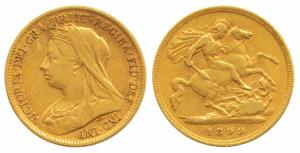 Great Britain, Victoria Queen, Gold ½ Sovereign, 4g, veiled head bust, 1899. About Very Fi