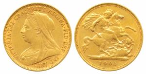 Great Britain, Victoria Queen, Gold ½ Sovereign, 4g, veiled head bust, 1901. Very Fine+, R