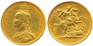 Great Britain, Victoria Queen, Gold 2 Pounds, 15.88g, Jubilee head, St. George slaying a d