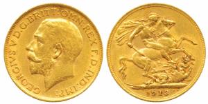 Great Britain, George V, Gold Sovereign, 8g, 1913. About Extremely Fine.