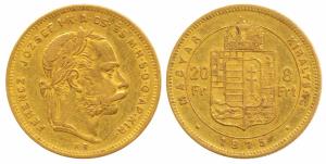 Hungary, Franz Joseph I, Gold 8 Forint, 20 Francs, 8g, 1875, shield on rev. Very Fine+, Ra