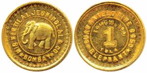 Tola coinage, Gold Tola, 11.65g, obv. M/s Kirtilal Jeshinglal & Company, Bombay, Elephant 