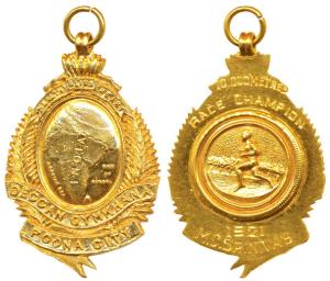 Deccan Gymkhana, Poona City, Gold Medal, 17.86g, obv. map of undivided India, with motto H
