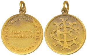 Calcutta International Exhibition Gold Medal, 8.6g, obv. Commemoration Medal with date 188