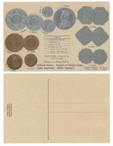 Embossed Postcard with impression of British India coins. Printed in the 1910’s in Germany