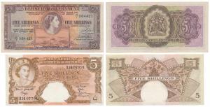 Bermuda, 5 Shillings, 1952; East Africa Currency Board, 5 Shillings. Very Fine. (2)