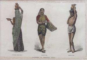 Engraving, Costumes of Western India, Purdasi Milkwoman, Mahar Girl & Mahar Girl. The Illu