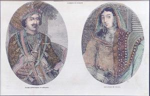 Engraving, of Nourajah Shah, King of Delhi (a stylized English portrait of Bahadur Shah Za