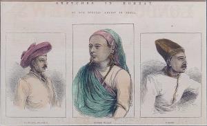Engraving, Sketches In Bombay, by our special Artist in India. Mahratta Brahmin, Parsee wo