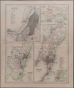 Map of Bombay, Madras, Calcutta, Aden. 1891. 28 x 35.5 cm. Tear in the centre.
