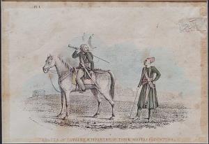 Jhauts of Cavalry & Infantry, in their Military Costume. 1841. 21 x 15 cm. Stained.