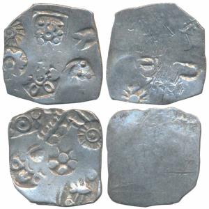 Punch-marked Coinage, attributed to Magadha Janapada, Silver Karshapana (2), 3.45g & 3.32g