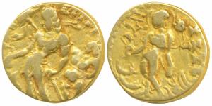 Guptas, Chandragupta II (c. 380-413 AD), Gold Dinar, 7.56g, ‘Chhatra’ type, obv. an attend
