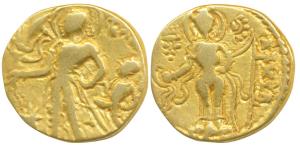 Guptas, Chandragupta II, Gold Dinar, 7.64g, ‘Chhatra’ type, obv. an attendant behind holdi