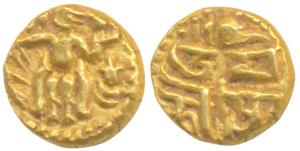Imperial Cholas, Uyakonda, Gold Fanam, 0.71g, obv. enthroned king holding ceremonial conch