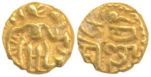 Imperial Cholas, Uyakonda, Gold Fanam, 0.71g, obv. enthroned king holding ceremonial conch