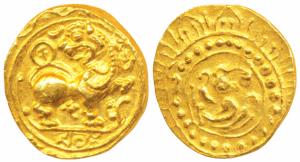 Kadambas of Hangal, Toyimadeva (1048-1075 AD), Gold Varaha, 4.2g, obv. lion advancing righ