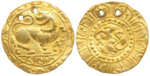 Kadambas of Hangal, Anonymous, Gold Varaha, 4.3g, obv. lion facing right and looking back 