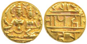 Vijayanagar Empire, Hari Hara II (1377-1404 AD), Gold ½ Pagoda, 1.69g, obv. Shiva-Parvati 