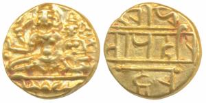 Vijayanagar Empire, Hari Hara II, Gold ½ Pagoda, 1.68g, obv. Shiva-Parvati seated, Siva ho