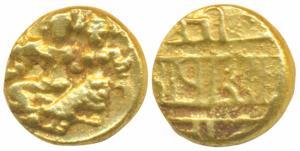Vijayanagar Empire, Devaraya I (1406-1422 AD), Gold ½ Pagoda, 1.71g, obv. Shiva-Parvati se