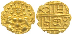 Nayakas of Chitradurga, Gold Durgi Pagoda or Hon, 3.3g, obv. Krishna as Bal Gopal, rev. Na