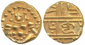 Nayakas of Chitradurga, Gold Durgi Pagoda or Hon, 3.3g, obv. Krishna as Bal Gopal, rev. Na