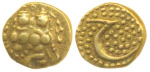 Haider Ali, Gold Fanam, 0.3g, obv. Shiva and Parvati, rev. Persian letter ‘He’ on a granul