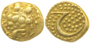 Haider Ali, Gold Fanam, 0.4g, obv. Shiva and Parvati, rev. Persian letter ‘He’ on a granul