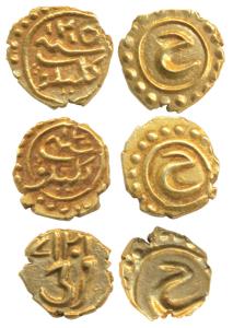 Tipu Sultan (AH 1197-1202; 1782-1799 AD), Gold Fanam (3), Kalikut (2) and Farrukhi Mints, 